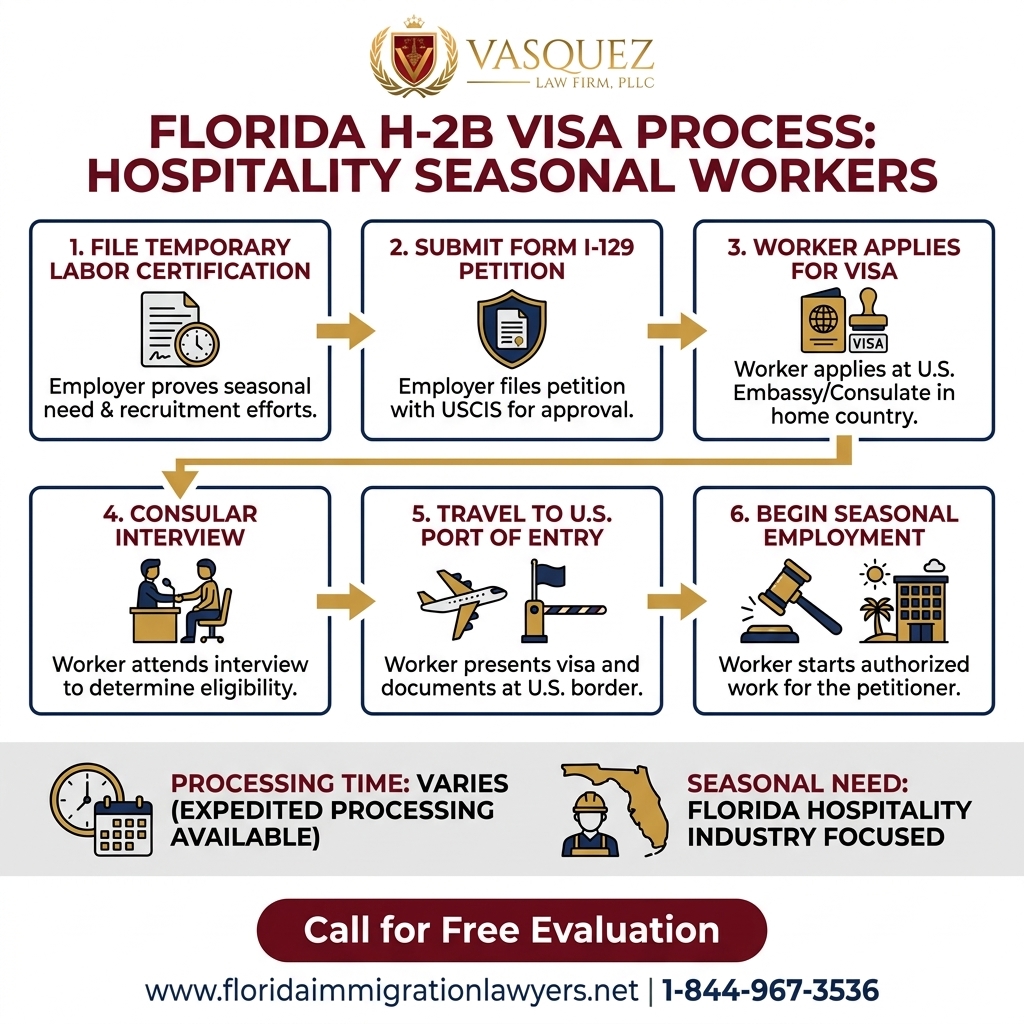 Process Timeline for Visa H-2B para Trabajadores Temporales en la Hospitalidad de Florida